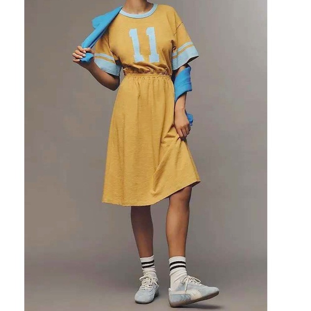 Anthropologie Sundry Rugby Midi Dress Yellow Blue Slub Cotton Graphic Stripe XS